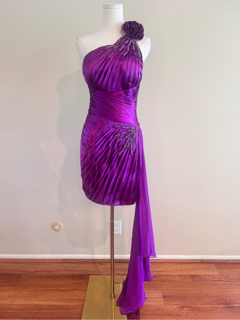 Y2K Aspeed Purple Satin Rhinestone Rosette Cocktail Dress M